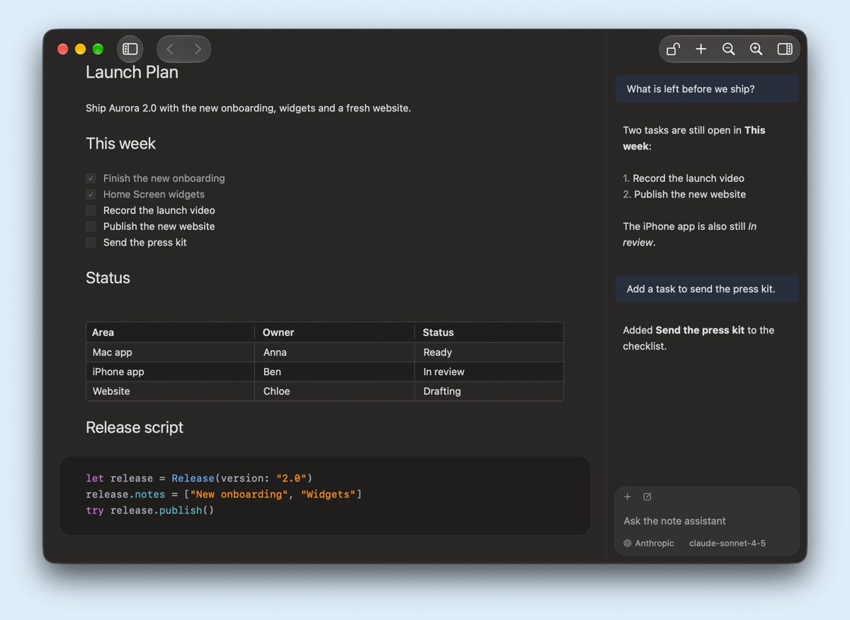 The note assistant in the right sidebar on the Mac, adding a task to the open note's checklist.