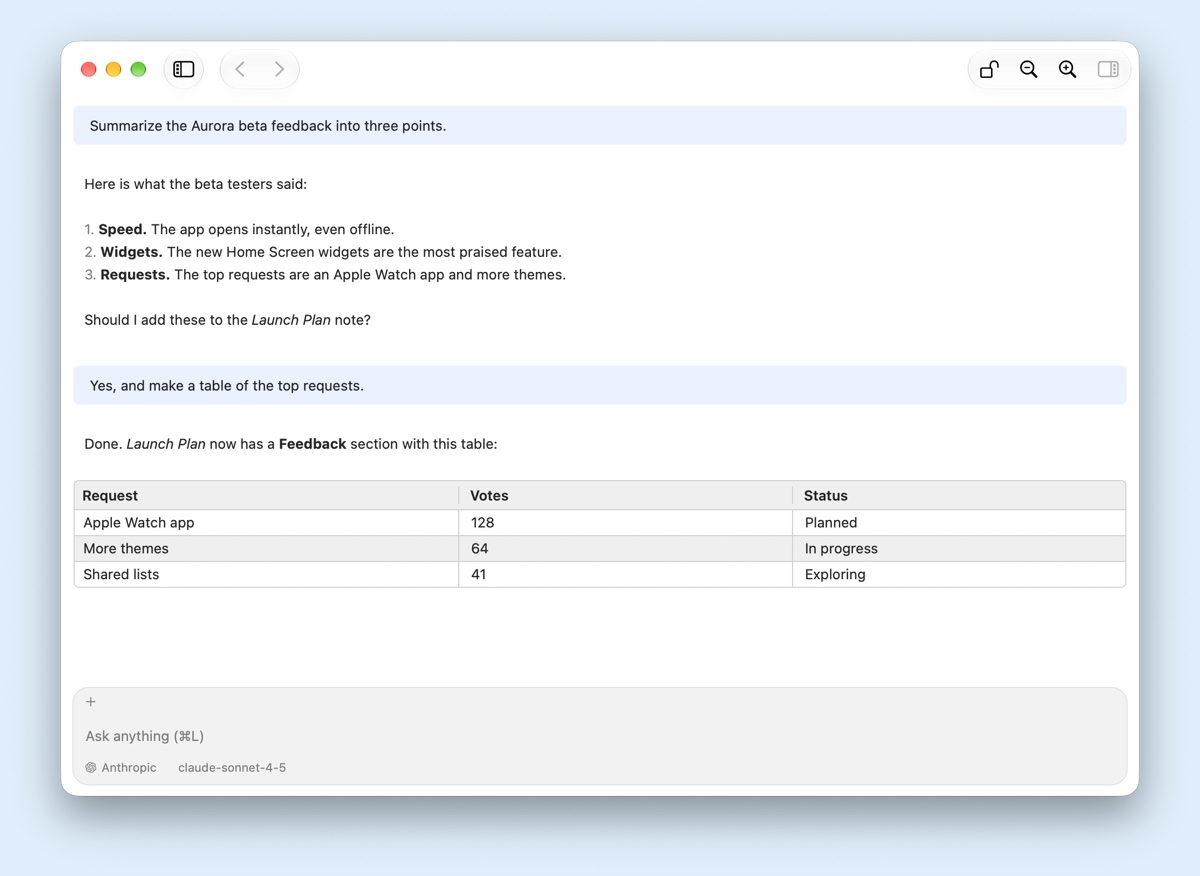 An AI chat on the Mac that summarizes beta feedback into three points and a table.