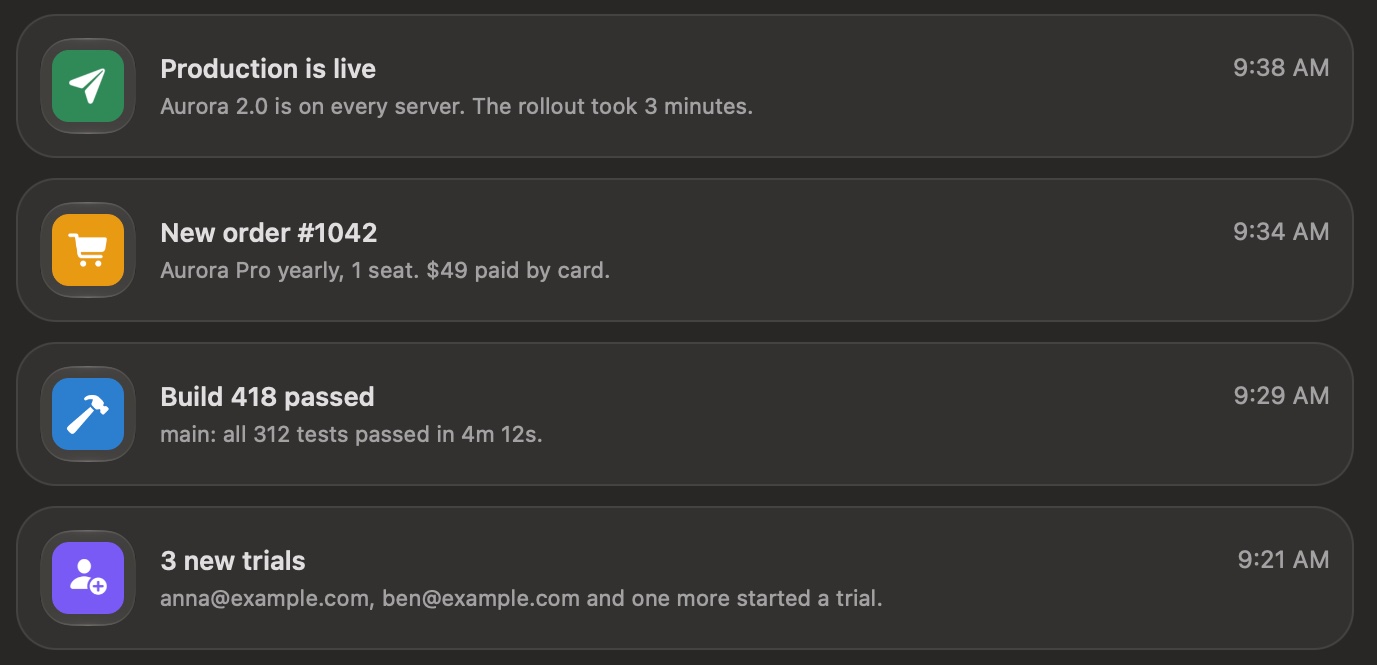 Hub messages on a Mac: Production is live, New order #1042, Build 418 passed and 3 new trials, each with its hook's icon.