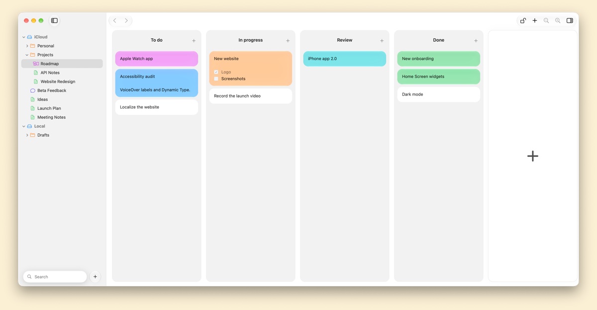 A Roadmap board on the Mac with To do, In progress, Review and Done columns and colored cards.