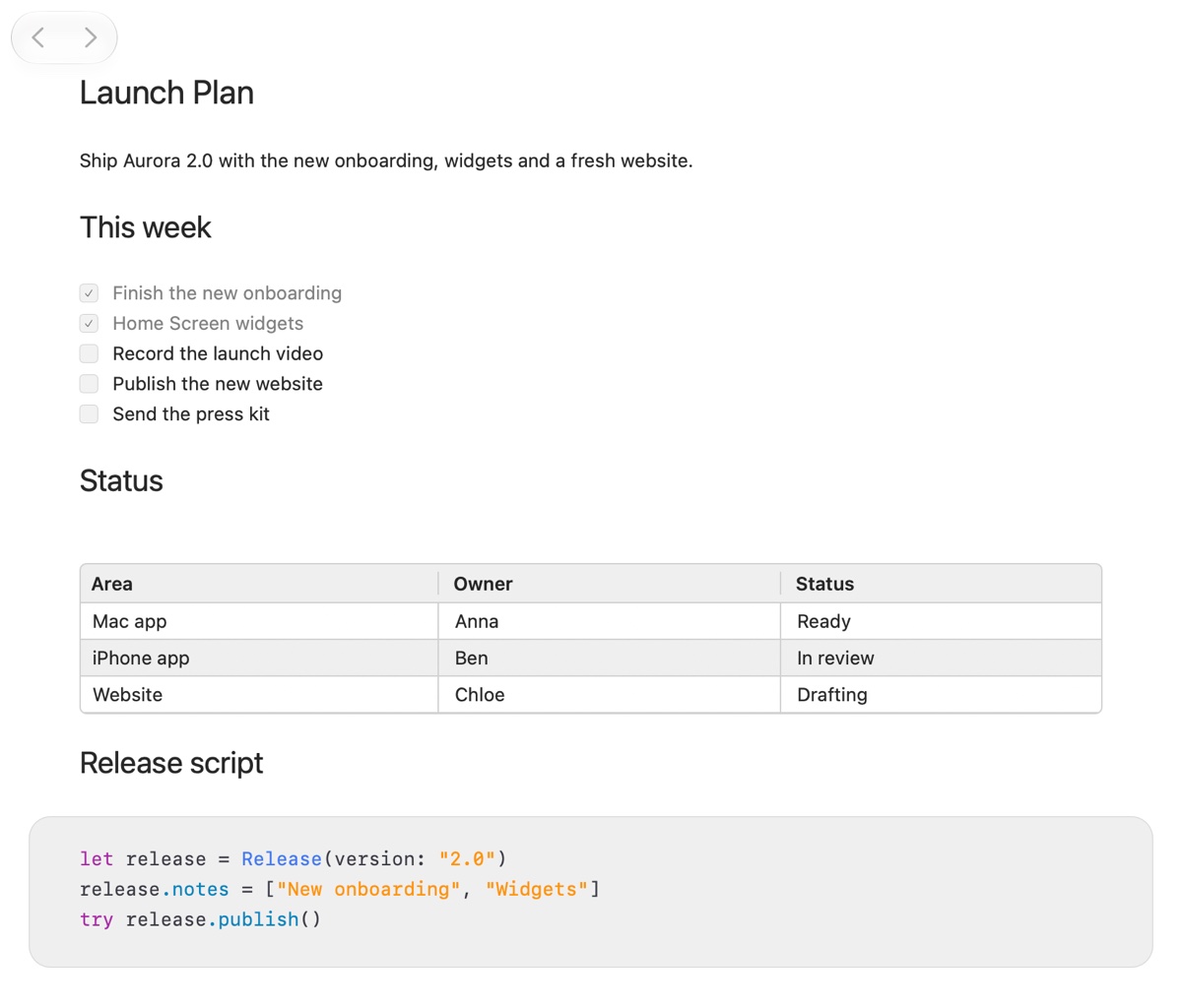 A close-up of a note on the Mac: the Launch Plan heading, a checklist with two tasks done, a status table and a Swift code block.