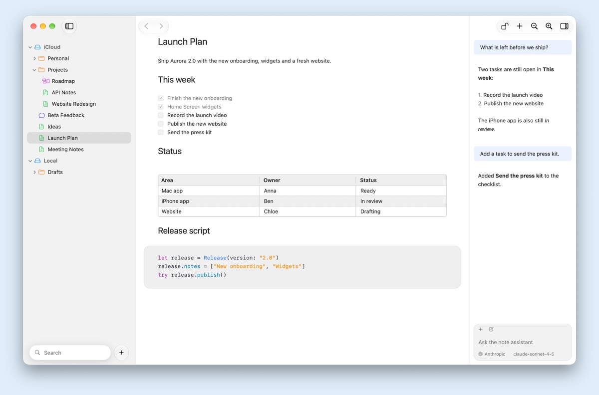NotePlus on a Mac: folders in the sidebar, a Launch Plan note with a checklist, a table and code, and the note assistant in the right sidebar.