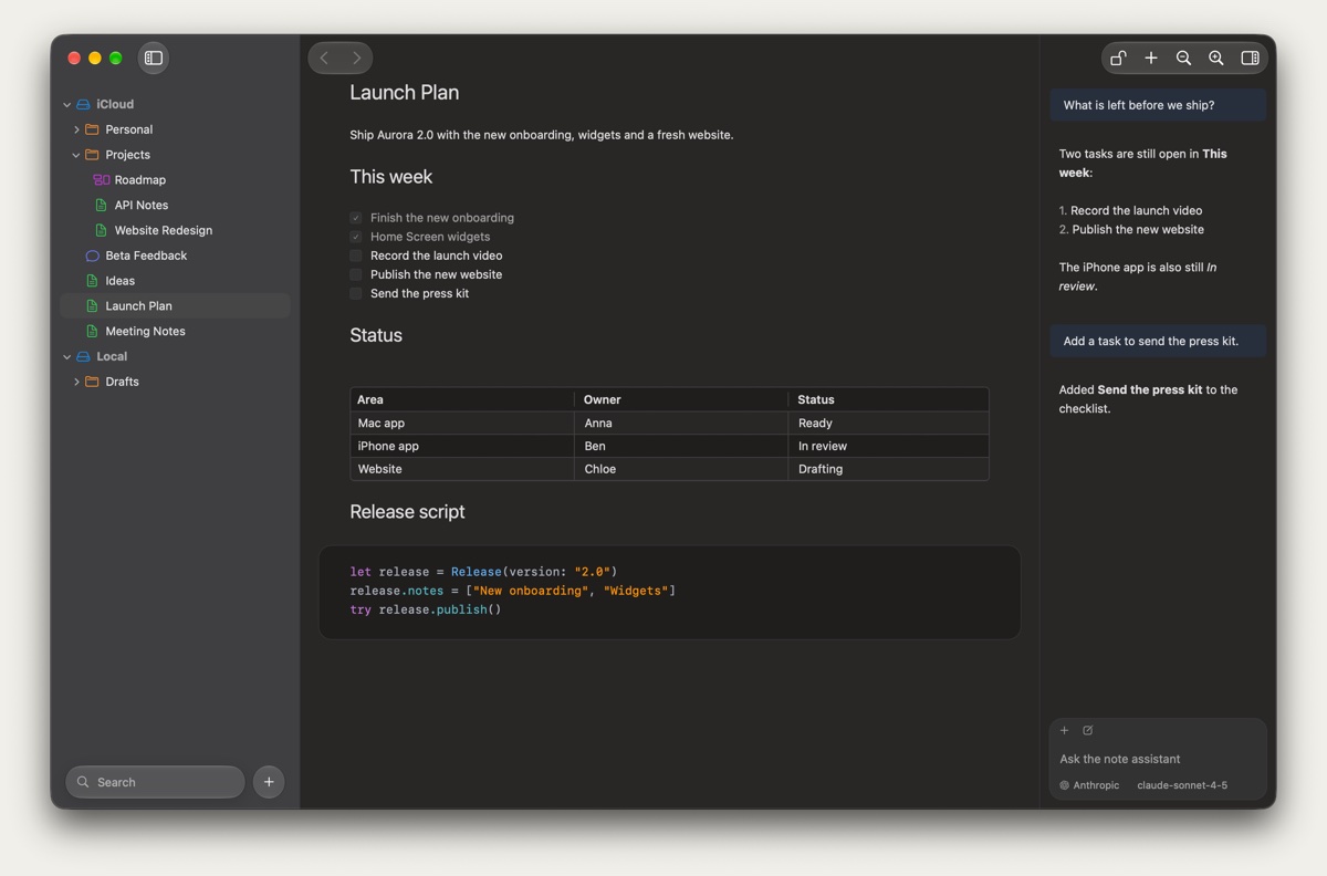 NotePlus in the Dark theme.
