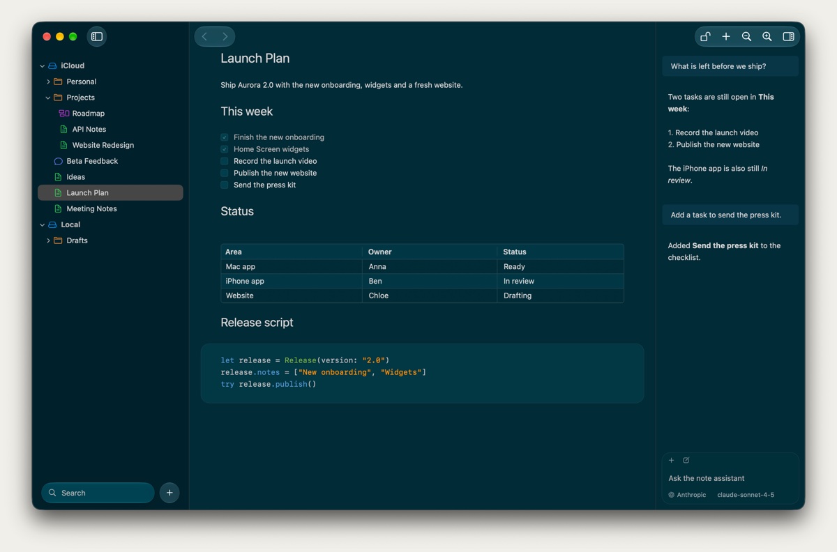 NotePlus in the Jade Dark theme: deep teal sidebar, editor and assistant.