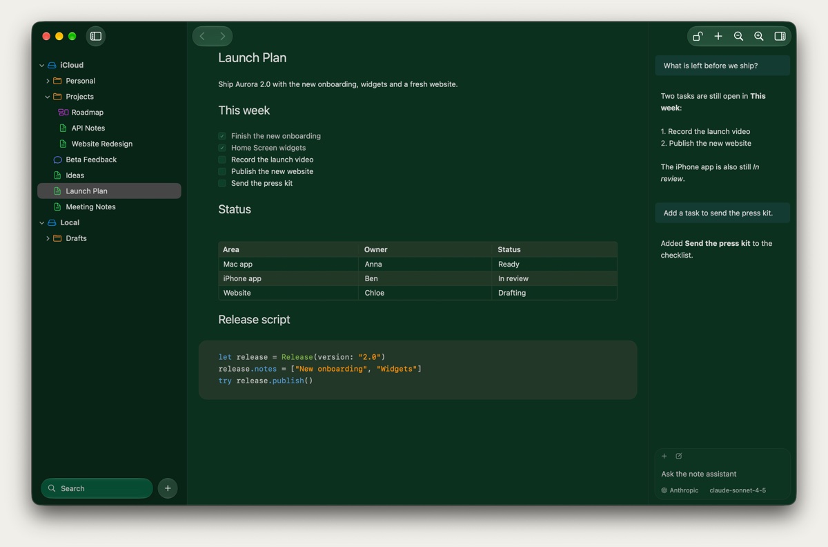 NotePlus in the Polaris Dark theme: deep green.