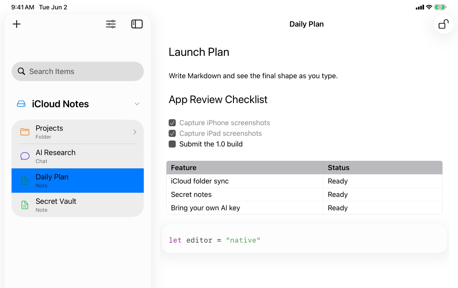 NotePlus on iPad: the iCloud Notes list next to a formatted note.