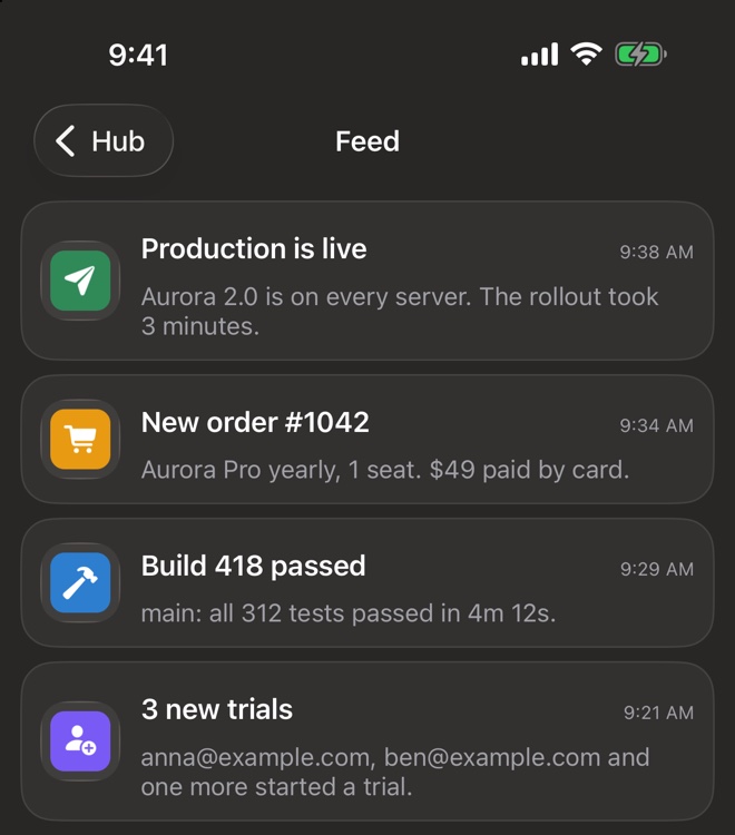 The same messages in the Hub feed on iPhone.