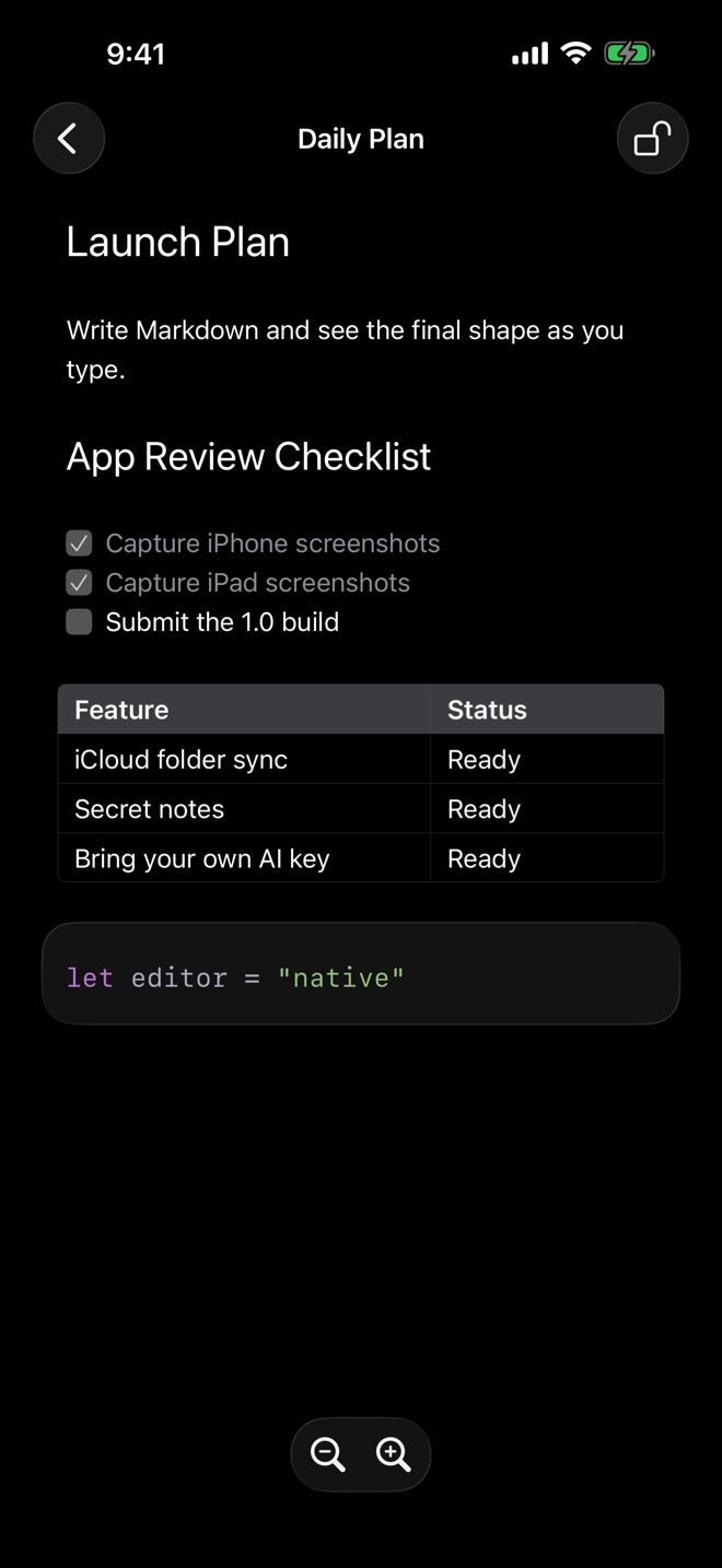 The same kind of note on iPhone in the Dark theme.