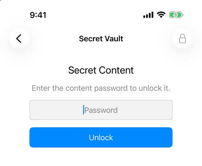 A locked secret note on iPhone, with a password field and an Unlock button.